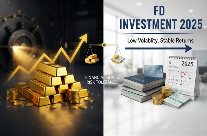 Side-by-side comparison of gold bars and bank FD certificate for 2025